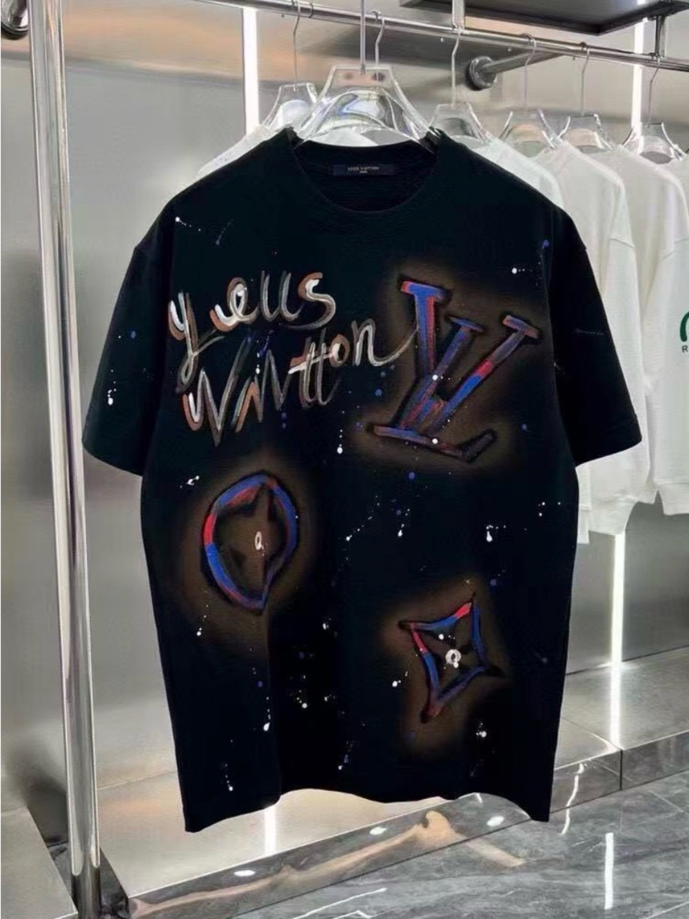 Louis Vuitton Black Short-Sleeve Spray Paint Logo Tee with Multicolor Accents